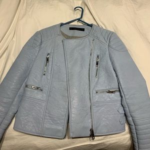 zara light blue moto leather jacket